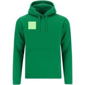 A green adult sweatshirt with a hood and a front pocket, featuring a logo on the upper left side.