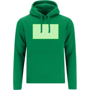 A green hooded sweatshirt with a central blank area and a front pocket. It has a logo on the chest area.