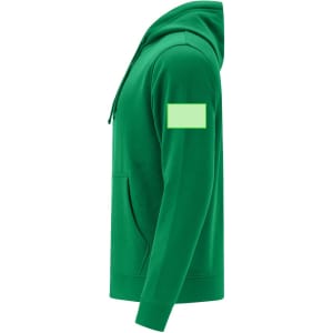 A green hoodie featuring a front pocket and a logo on the sleeve. Side view shown.