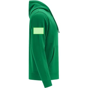 A green adult sweatshirt with a hood and a front pocket, featuring a logo on the sleeve.
