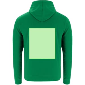 A green adult sweatshirt featuring a hood and a blank square on the back. It has a logo on the front.