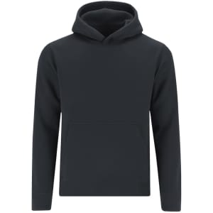 A navy blue hoodie featuring a front pocket and a drawstring hood, with a logo on it.