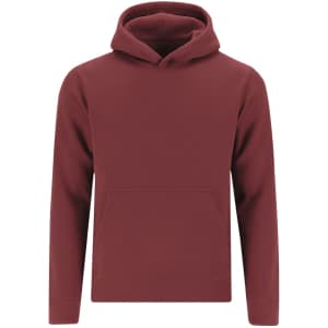 A red hooded sweatshirt with a front pouch pocket and a plain design, featuring a logo.