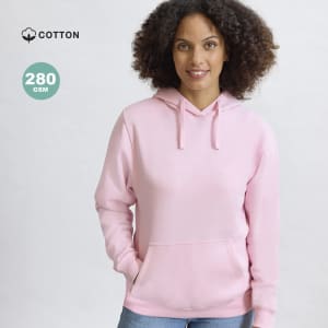 A pink cotton sweatshirt with a hood and a front pouch pocket, featuring a branding logo.
