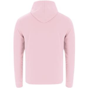 A pink hoodie featuring a hood and long sleeves, displayed from the back. It includes a logo or branding.
