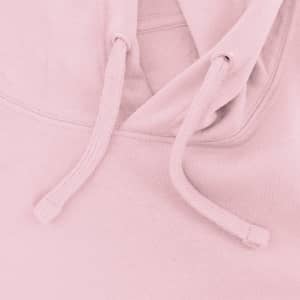 A pink sweatshirt featuring a hood and drawstrings, with a simple design and no visible logos.