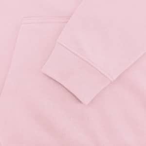A pink women’s sweatshirt featuring a front pocket and cuffed sleeves, with a branding logo present.