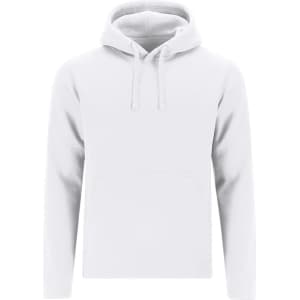 A white hoodie featuring a kangaroo pocket and a drawstring hood. It includes a logo on the front.