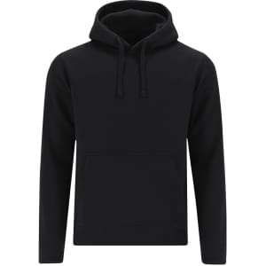 A black hoodie with a front pocket and a drawstring hood. It features a logo on the front.