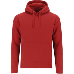 A red sweatshirt with a hood and front pocket, featuring a branding logo.