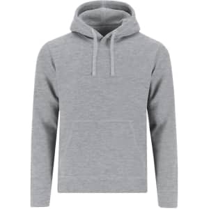 A grey women's sweatshirt with a hood and front pouch pocket, featuring a logo.