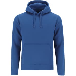 A blue hoodie featuring a front pocket and a drawstring hood. It has a logo on the front.