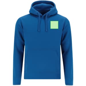 A blue hoodie with a front pocket and a square patch on the chest area. It features a hood and long sleeves.
