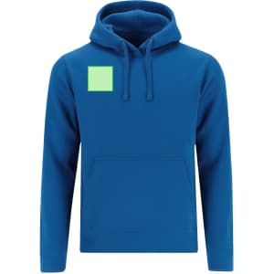 A blue hoodie featuring a front pocket and a green square design on the chest. It has a hood and drawstrings.