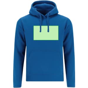 A blue hoodie featuring a large green rectangular design on the front and a kangaroo pocket.