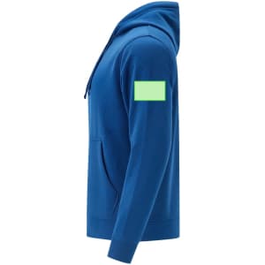 A blue hoodie featuring a front pocket and a logo on the sleeve. The garment has a drawstring hood.