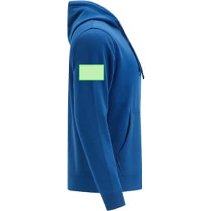 A blue hoodie featuring a kangaroo pocket and a small logo on the sleeve.
