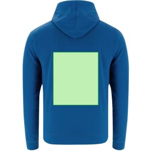 A blue hoodie with a large green square design on the back and a hood. Features branding on the front.