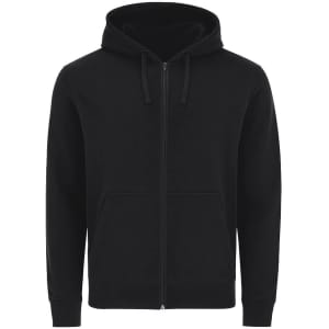 A black zip-up hoodie featuring a front pocket and a hood. The item has a branding logo.