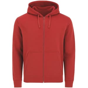 A red adult sweatshirt with a hood, featuring a full zip and front pockets, plus a logo on the front.