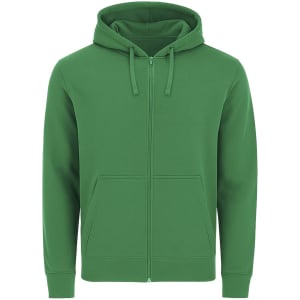 A green zip-up hoodie with a hood and front pockets. It features a logo on the chest area.