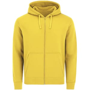 A yellow zip-up hoodie with a hood and front pockets, featuring branding on the label.