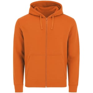 An orange adult sweatshirt with a hood, featuring a front zip and two side pockets. It has a logo on the front.
