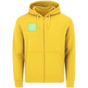 A yellow zip-up hoodie with a kangaroo pocket and a small square logo on the upper left side.