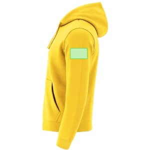 A yellow hoodie with a hood, featuring a front pocket and a logo on the sleeve.