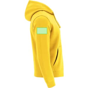 A yellow adult sweatshirt with a hood and a patch on the arm. Features a kangaroo pocket.