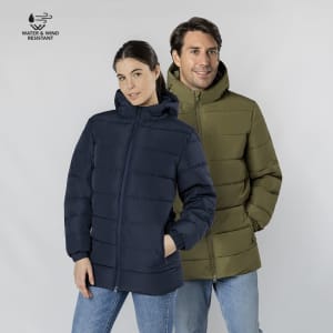 A navy and an olive green puffer jacket are displayed on models, featuring hoods and zip-up fronts.