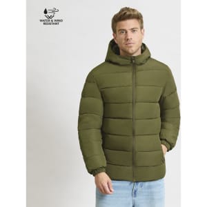 A green puffer jacket with a hood, featuring a logo, is worn by a man against a neutral background.