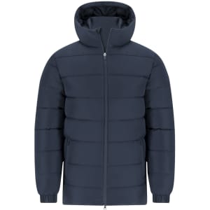 A navy Eren Parka puffer jacket featuring a full zip, hood, and side pockets. It has a subtle logo on the design.
