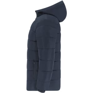 A navy blue puffer jacket with a hood, featuring quilted detailing and a side zip pocket.