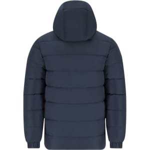 A navy blue puffer jacket with a hood and quilted design, featuring a logo on the back.