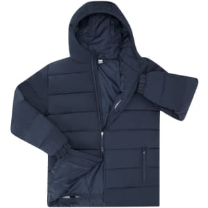 A navy blue puffer jacket with a hood, featuring zippered pockets and a quilted design.