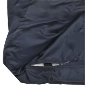 A navy puffer jacket featuring a zip pocket detail and a smooth finish. It has a simple design with branding visible.
