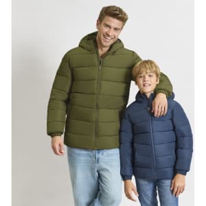 A green puffer jacket on an adult and a navy blue puffer jacket on a child, both featuring hoods.