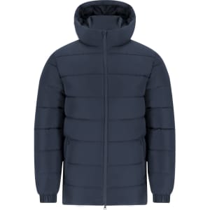 A navy blue puffer jacket with a high collar and zip front, featuring a logo on the front.