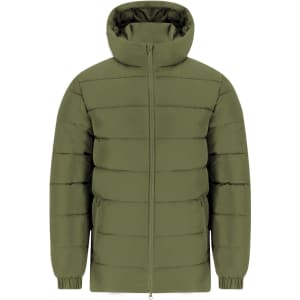 An olive green puffer jacket featuring a high neck and zip closure, with side pockets and a minimalist design.