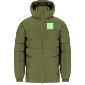A green puffer jacket with a hood, featuring a square logo on the chest and zippered pockets.