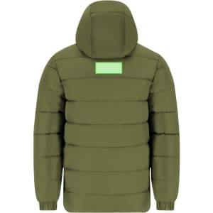 A green puffer jacket featuring a hood and a logo on the back.