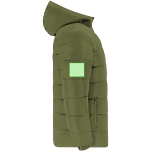 An olive green puffer jacket with a hood and a logo on the sleeve. Features a quilted design and side pockets.