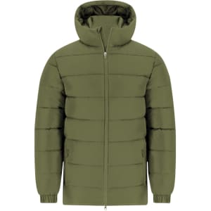 An olive green puffer jacket featuring a hood and a zip front, with elasticised cuffs and side pockets.