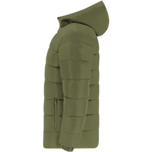 A green puffer jacket with a hood featuring a vertical quilted design and side pockets.