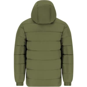 A green puffer jacket with a hood, featuring a quilted design and elastic cuffs. It has a logo on the design.