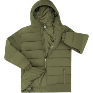 A green puffer jacket with a hood, featuring an open front and two side pockets, along with elasticised cuffs.