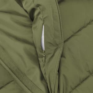 An olive green puffer jacket with a zippered pocket, featuring a soft interior lining.