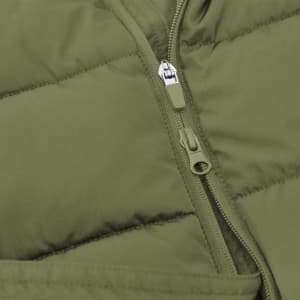 An olive green puffer jacket featuring a zippered closure and quilted design. It has a logo on the fabric.