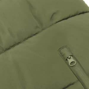 An olive green puffer jacket featuring a zippered pocket and soft, padded fabric texture.